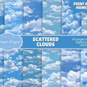 May include: A collection of 24 seamless digital papers featuring scattered white clouds against a bright blue sky. The image includes text that reads Starspell Designs, Scattered Clouds, Print at Home, and 24 pages seamless digital papers 300 DPI.