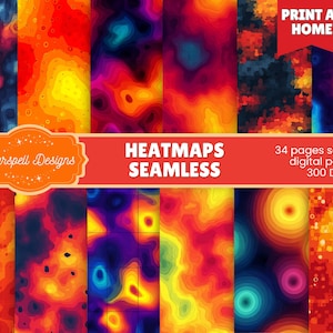 May include: A collection of seamless digital papers with heat map designs. The papers feature vibrant colors like red, orange, yellow, blue, and purple. The image includes the text "Heatmaps Seamless" and "Print at Home".