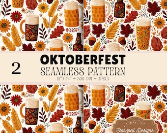 Oktoberfest Seamless Pattern, Fall Beer Digital Paper, Autumn Beer Tavern Mug Pattern, Oktoberfest Floral Fabric, Fall Leaves, 2 JPG