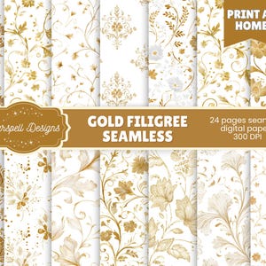 May include: A collection of gold filigree seamless digital papers with floral and ornamental designs on a white background. The image includes the text "Starspell Designs", "Gold Filigree Seamless", and "Print at Home". The papers are 300 DPI and include 24 pages.