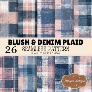 Blush and Denim Plaid Seamless Patterns | 26 Soft Rustic Digital Papers, Pink Blue Tartan Gingham Backgrounds for Crafts