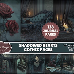 Può includere: Un collage digitale con rose scure, interni gotici e il testo "Shadowed Hearts Gothic Pages". L'immagine include un divano, un letto e candele. Le pagine del diario sono 21,59 cm x 27,94 cm e 300 DPI. Da Starspell Designs.