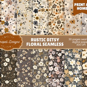 Może przedstawiać: Kolekcja bezszwowych papierów cyfrowych z rustykalnymi, drobnymi wzorami kwiatowymi. Projekty prezentują różne palety kolorów, w tym brązowy, beżowy i szary, z delikatnymi motywami kwiatów i liści. Obraz zawiera tekst "Print at Home" i "30 pages seamless digital papers 300 DPI".