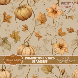 Può includere: Un motivo senza cuciture con zucche, viti e fiori nei toni del marrone, beige e oro. Il design include il testo "Pumpkins & Vines Seamless" e "Print at Home". Il motivo è di 30,48 cm x 30,48 cm e 300 DPI JPEG.