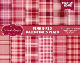 Roze en rode geruite naadloze valentijnspatronen | 20 digitale papieren romantische cheques, oprechte tartan-achtergronden voor scrapbooking en knutselen