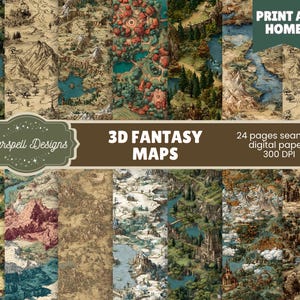 May include: A selection of 3D fantasy maps featuring detailed illustrations of landscapes, mountains, forests, and villages. The image includes the text "3D FANTASY MAPS" and "PRINT AT HOME". The maps are designed as seamless digital papers with 300 DPI.