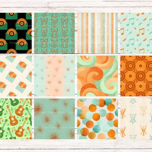 May include: A collection of twelve patterned digital papers. The designs include musical notes, guitars, records, corsets, stripes, polka dots, and abstract swirls. Colors include orange, teal, green, and peach. The papers are arranged on a white wood grain background.