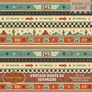 Vintage Route 66 Seamless Pattern | Retro Road Trip Stripes, Desert Motifs, Americana Travel Digital Paper 12x12 JPG