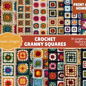 Puede incluir: Una colección de coloridos patrones de cuadrados de ganchillo. Los cuadrados presentan diseños florales y geométricos en varios colores, incluyendo rosa, azul, verde y amarillo. La imagen incluye el texto "CROCHET GRANNY SQUARES" y "PRINT AT HOME".