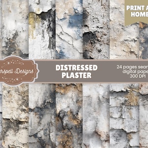 Puede incluir: Papeles digitales con texturas de yeso envejecido en tonos grises, beige y marrón. La imagen incluye el texto "Distressed Plaster" y "Print at Home".