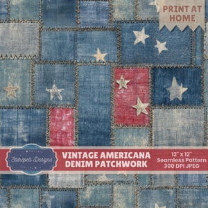 Vintage Americana Denim Patchwork Seamless Pattern | Rustic Stars & Stripes Quilt Digital Paper