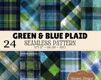 Motivi a quadri verdi e blu senza soluzione di continuità / 24 carte digitali effetto tartan rustico grunge per scrapbooking, diari e lavori creativi all'aperto