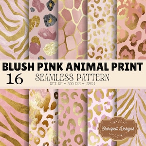 Könnte beinhalten: Eine digitale Sammlung von 16 nahtlosen Mustern mit Tierdrucken in Altrosa und Gold. Die Designs umfassen Zebrastreifen, Leopardenflecken und Giraffenmuster. Der Text auf dem Bild lautet BLUSH PINK ANIMAL PRINT 16 SEAMLESS PATTERN 30,48 CM X 30,48 CM ~ 300 DPI ~ JPEG und Starspell Designs.