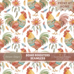 Pode incluir: Padrão sem costura com ilustrações em aquarela de galos boêmios, flores e penas em tons de laranja, verde-azulado e marrom. O design inclui o texto "BOHO ROOSTERS SEAMLESS" e "PRINT AT HOME". O padrão tem 30,48 cm x 30,48 cm.