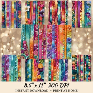 The image is a collage of various colorful and textured fabric strips, beads, and flowers, arranged in a visually appealing manner.