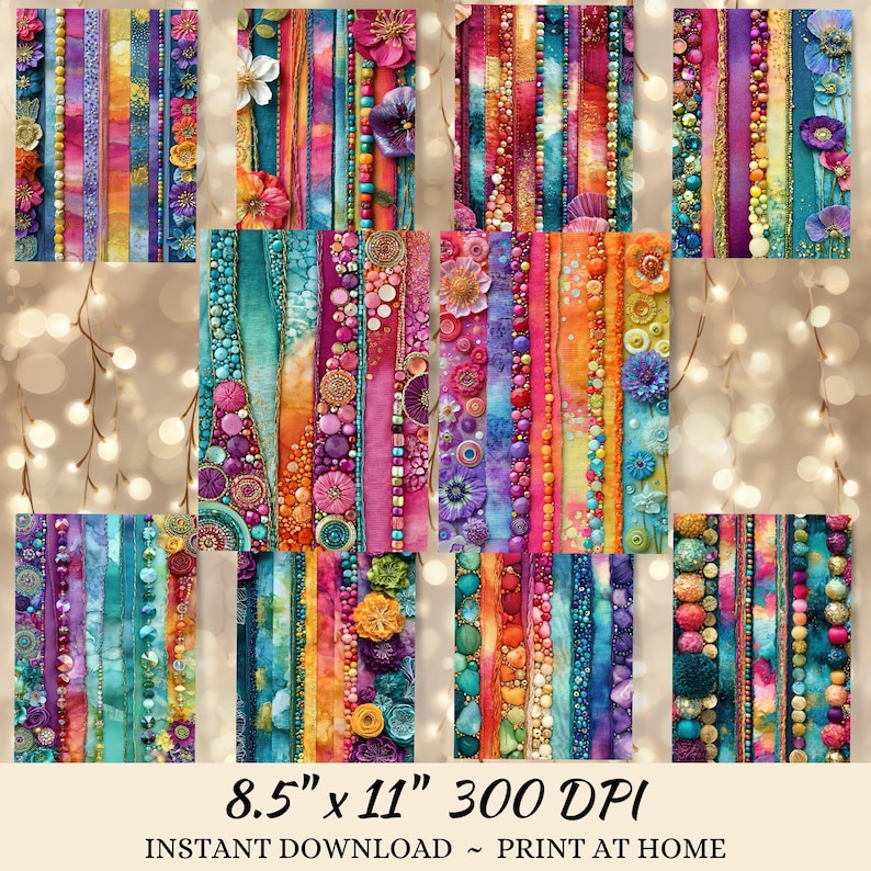 The image is a collage of various colorful and textured fabric strips, beads, and flowers, arranged in a visually appealing manner.