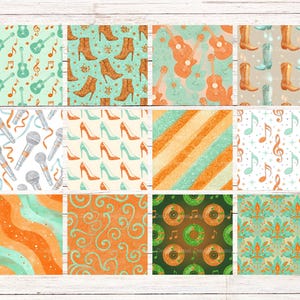 May include: A collection of twelve patterned designs featuring musical instruments, high-heeled shoes, microphones, and other country-western themed elements. The color palette includes shades of orange, teal, and white, creating a vibrant and eye-catching display.