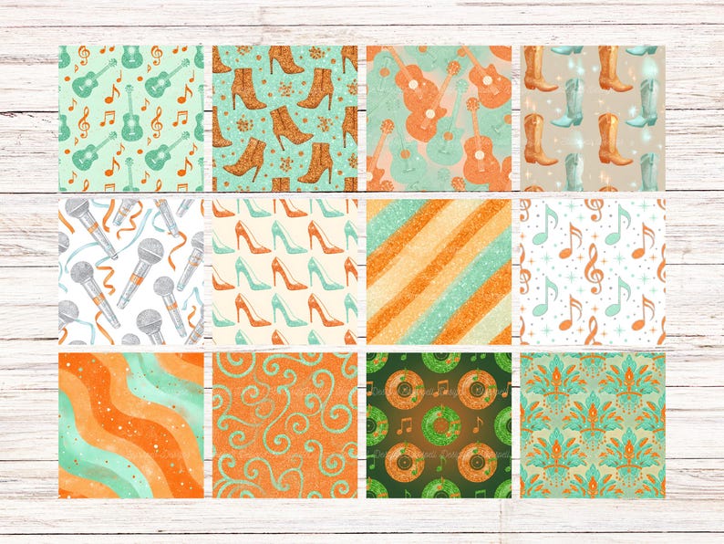 May include: A collection of twelve patterned designs featuring musical instruments, high-heeled shoes, microphones, and other country-western themed elements. The color palette includes shades of orange, teal, and white, creating a vibrant and eye-catching display.