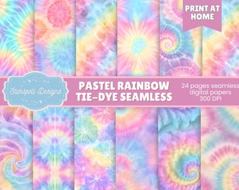 Pastelowe, tęczowe wzory tie-dye bezszwowe | 24 miękkie, cyfrowe papiery boho do scrapbookingu, dzienników, rękodzieła i kolorowego designu