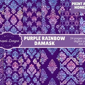 Peut inclure: Plusieurs motifs de damas violets avec un effet dégradé arc-en-ciel. Les motifs présentent des motifs floraux et ornementaux. L'image comprend le texte "Purple Rainbow Damask" et "Print at Home."