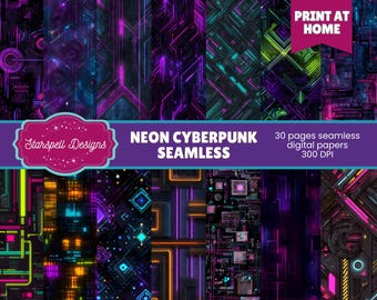 Neonowe, bezszwowe wzory cyberpunkowe | 30 futurystycznych, świecących papierów cyfrowych do scrapbookingu, dzienników, rękodzieła, produktów i projektów science fiction