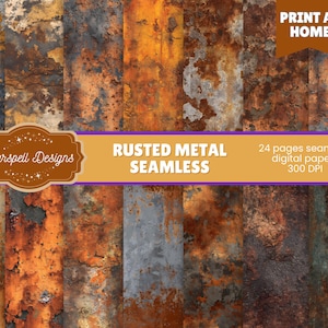 Peut inclure: Ensemble de papiers numériques avec une texture de métal rouillé sans couture. Le design présente des nuances d'orange, de marron et de gris, avec des signes d'usure visibles. Le texte "RUSTED METAL SEAMLESS" est affiché, ainsi que "PRINT AT HOME" et "24 pages seamless digital papers 300 DPI".