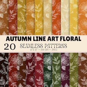 Autumn Line Art Floral Seamless Pattern Bundle, Fall Botanical Digital Paper, Vintage Retro Floral Backgrounds, 20 JPG Designs SDP01