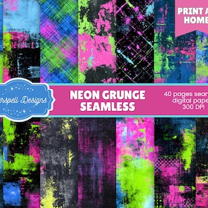 Pode incluir: Um conjunto de papéis digitais com texturas grunge neon em várias cores, incluindo azul, verde, rosa e preto. O design inclui respingos, pinceladas e efeitos desgastados. A imagem inclui o texto "NEON GRUNGE SEAMLESS".