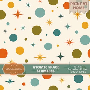 Atomic Space Mid Century Modern Seamless Pattern | Retro Starburst & Geometric Dot Digital Paper, 50s Atomic Design Background
