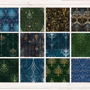 Op de afbeelding: Een verzameling van twaalf vierkante kunstprints met gedetailleerde, zich herhalende patronen. De ontwerpen tonen een verscheidenheid aan kleuren, waaronder diepblauw, groen en goud, met gestileerde bloemen- en boommotieven.