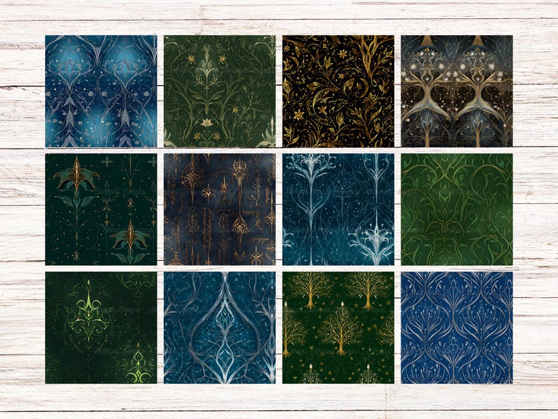 Op de afbeelding: Een verzameling van twaalf vierkante kunstprints met gedetailleerde, zich herhalende patronen. De ontwerpen tonen een verscheidenheid aan kleuren, waaronder diepblauw, groen en goud, met gestileerde bloemen- en boommotieven.
