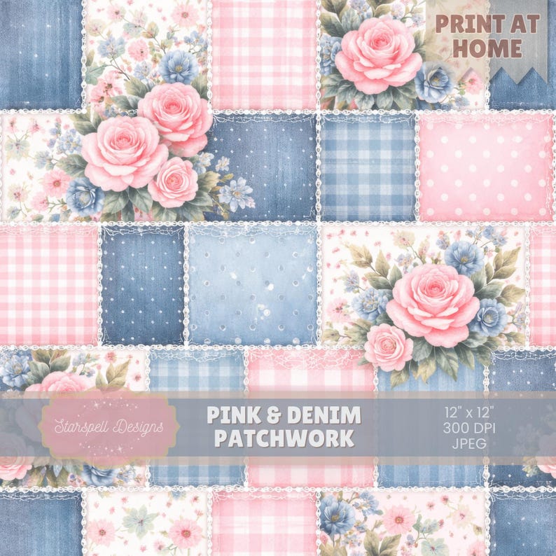 Pink Patchwork Pattern Pink and Denim Patchwork Seamless Pattern | Floral Denim Quilt Digital ...