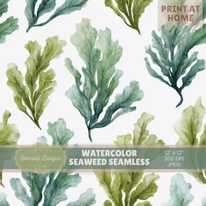 May include: Watercolor seaweed seamless pattern in shades of green and blue-green on a white background. The design includes the text "Watercolor Seaweed Seamless" and "Print at Home". The image is 12" x 12" and 300 DPI.