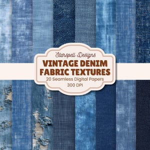 May include: A digital image featuring a range of vintage denim fabric textures in shades of blue. The image displays diverse denim patterns, from light washes to dark indigo, with a label that reads "Vintage Denim Fabric Textures". The image includes 20 seamless digital papers.