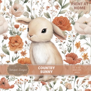 May include: Watercolor illustration of a tan bunny with large ears, surrounded by orange and peach-colored flowers and greenery on a white background. The words "COUNTRY BUNNY" are displayed in a banner below the bunny. The image is labeled "PRINT AT HOME".