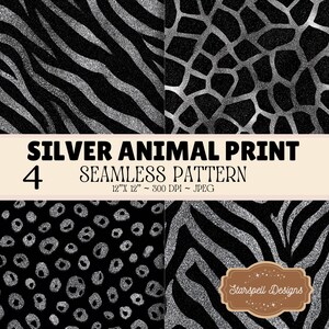 Silver Animal Print Seamless Pattern Bundle – Glitter Zebra, Leopard & Giraffe Digital Papers, Black and Silver Glam Backgrounds