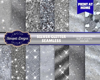 Silver Glitter Seamless Printable Backgrounds | Glittery Digital Paper | for Scrapbooking, Journals, Festive Holiday & Party Crafts