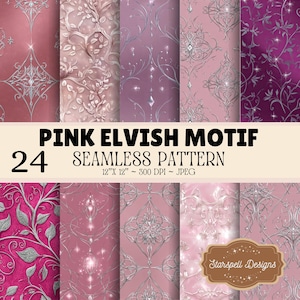 Pink Elvish Motif Seamless Patterns | 24 Fantasy Ornamental Digital Papers, Elegant Magical Scrollwork Backgrounds