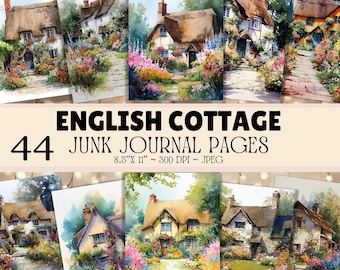 Strony dziennika English Cottage Junk – 44 urocze papiery do druku Cottagecore z przytulnymi akwarelowymi scenami wiejskimi