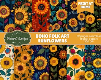 Boho Folk Art – bezszwowe wzory słoneczników | 32 radosne, kwiatowe papiery cyfrowe do scrapbookingu, dzienników, rękodzieła i projektów kreatywnych