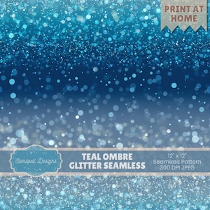 Teal Ombre Glitter Seamless Pattern | Aqua Teal Sparkle Gradient Digital Paper for Fabric, Scrapbooking, POD, Tumblers & Coastal Designs