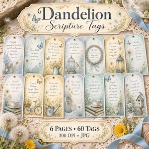 Op de afbeelding: Een verzameling rechthoekige papieren labels met paardenbloemillustraties, vlinders en religieuze teksten. De set bevat zestig individuele labels verdeeld over zes pagina's, elk versierd met vintage motieven zoals lantaarns, fietsen en theekopjes.
