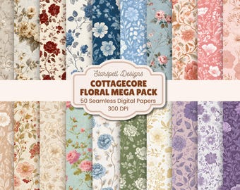 Cottagecore Floral Digital Paper Bundle | Seamless Floral Patterns for Scrapbooking, Junk Journals, Invitations, Craft Projects | 50 JPGs