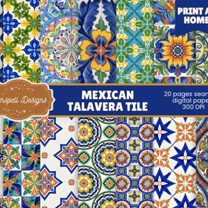 Puede incluir: Una colección de 20 papeles digitales sin costuras con diseños de azulejos mexicanos Talavera. Los patrones muestran colores vibrantes y motivos florales y geométricos intrincados. La imagen incluye el texto "Print at Home" y "300 DPI".