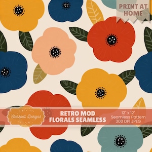 May include: A seamless pattern featuring stylized floral designs in shades of orange, blue, peach, and yellow, with black centers and green leaves. The text "RETRO MOD FLORALS SEAMLESS" is displayed. The pattern is 12 x 12 inches.