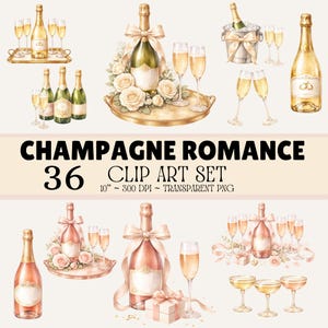 Clip-art set champagne romantiek – 36 elegante champagne-illustraties, gouden en roségouden flessen, png-bestand voor bruiloftstoost, transparante achtergrond