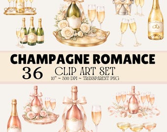 Champagne Romance Clip Art Set – 36 Elegant Champagne Illustrations, Gold & Rose Gold Bottles, Wedding Toast PNGs, Transparent Background