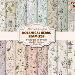 Puede incluir: Colección de 50 papeles digitales sin costuras con diseños de hierbas botánicas. Los diseños muestran varios patrones florales y de hierbas en colores suaves, con frascos y el texto "PRINT AT HOME".