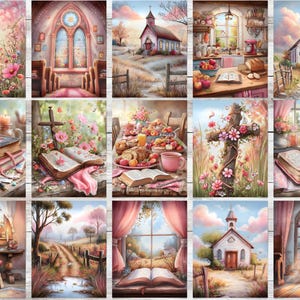 Op de afbeelding: Een verzameling aquarel schilderijen met religieuze thema's. De afbeeldingen tonen kerken, kruisen, open boeken en tafels gedekt met eten. Zachte roze en pastelkleuren cre&euml;ren een serene sfeer. Het kunstwerk roept een gevoel van vrede en spiritualiteit op.