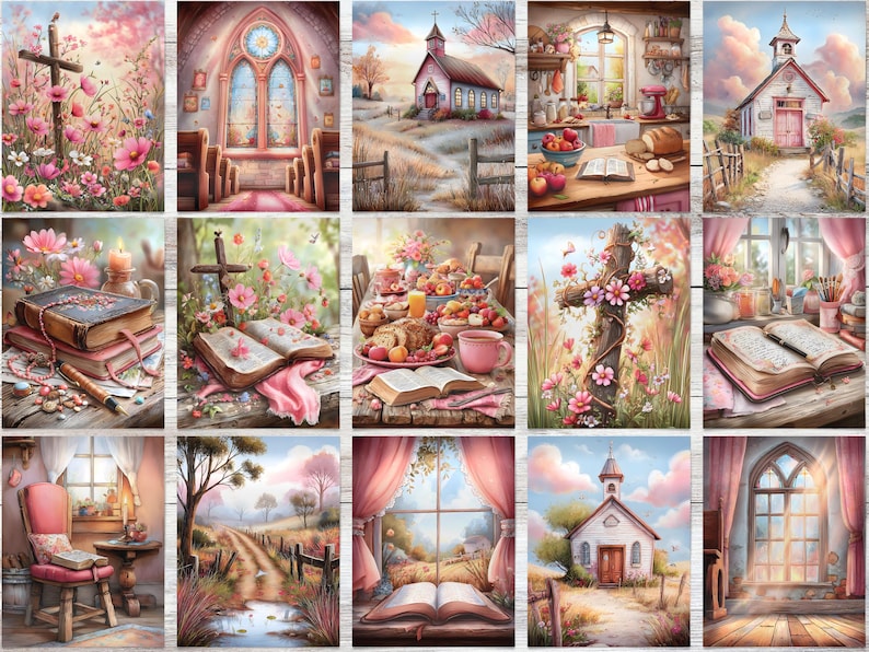 Op de afbeelding: Een verzameling aquarel schilderijen met religieuze thema's. De afbeeldingen tonen kerken, kruisen, open boeken en tafels gedekt met eten. Zachte roze en pastelkleuren cre&euml;ren een serene sfeer. Het kunstwerk roept een gevoel van vrede en spiritualiteit op.